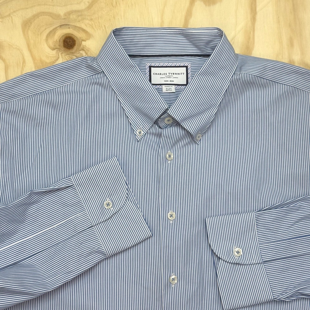 Charles Tyrwhitt Mens 19/37 Classic Fit Non-Iron Striped Dress Shirt Blue White